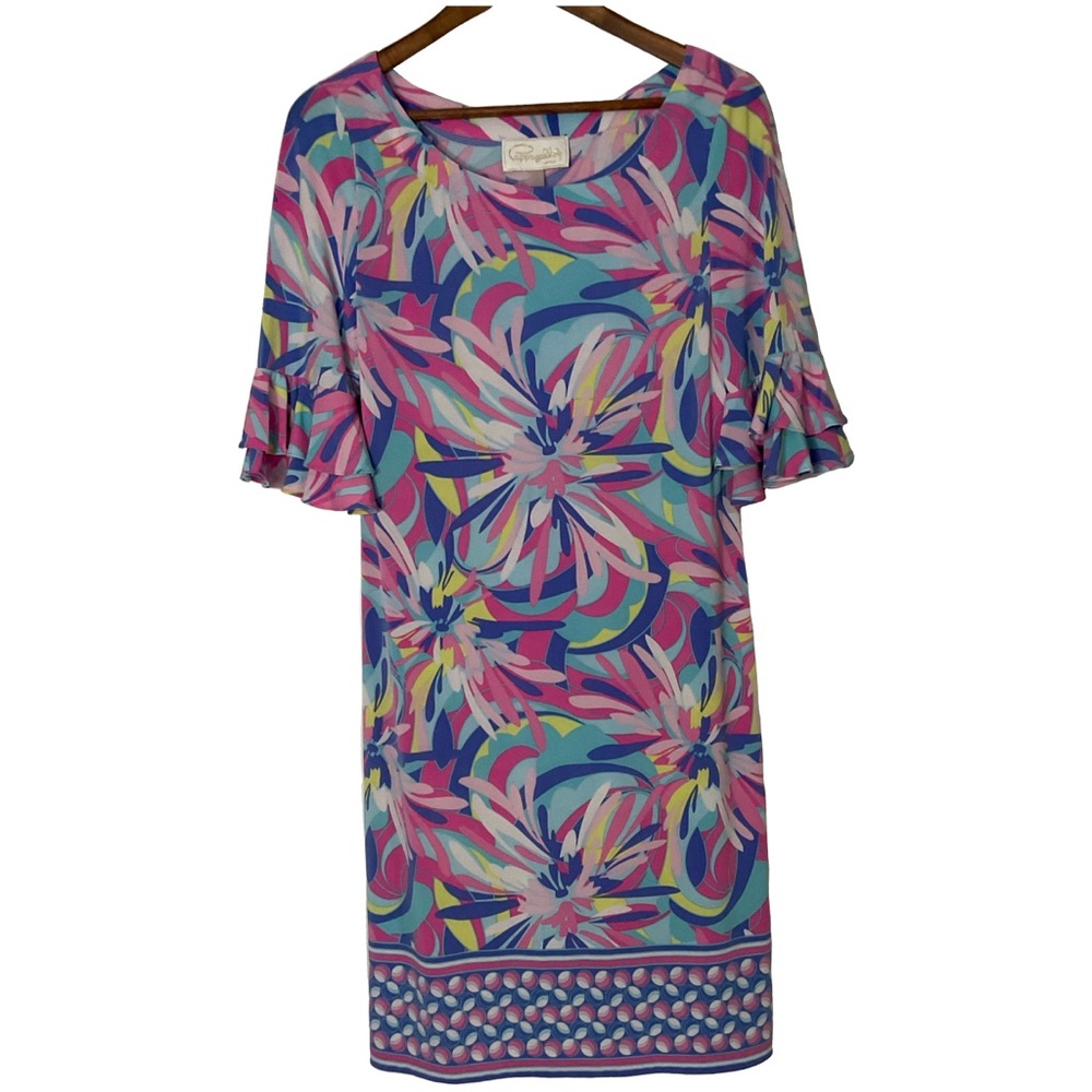 Pappagallo Vibrant Multicolor Floral Abstract Print Ruffled Sleeves Dress Size M